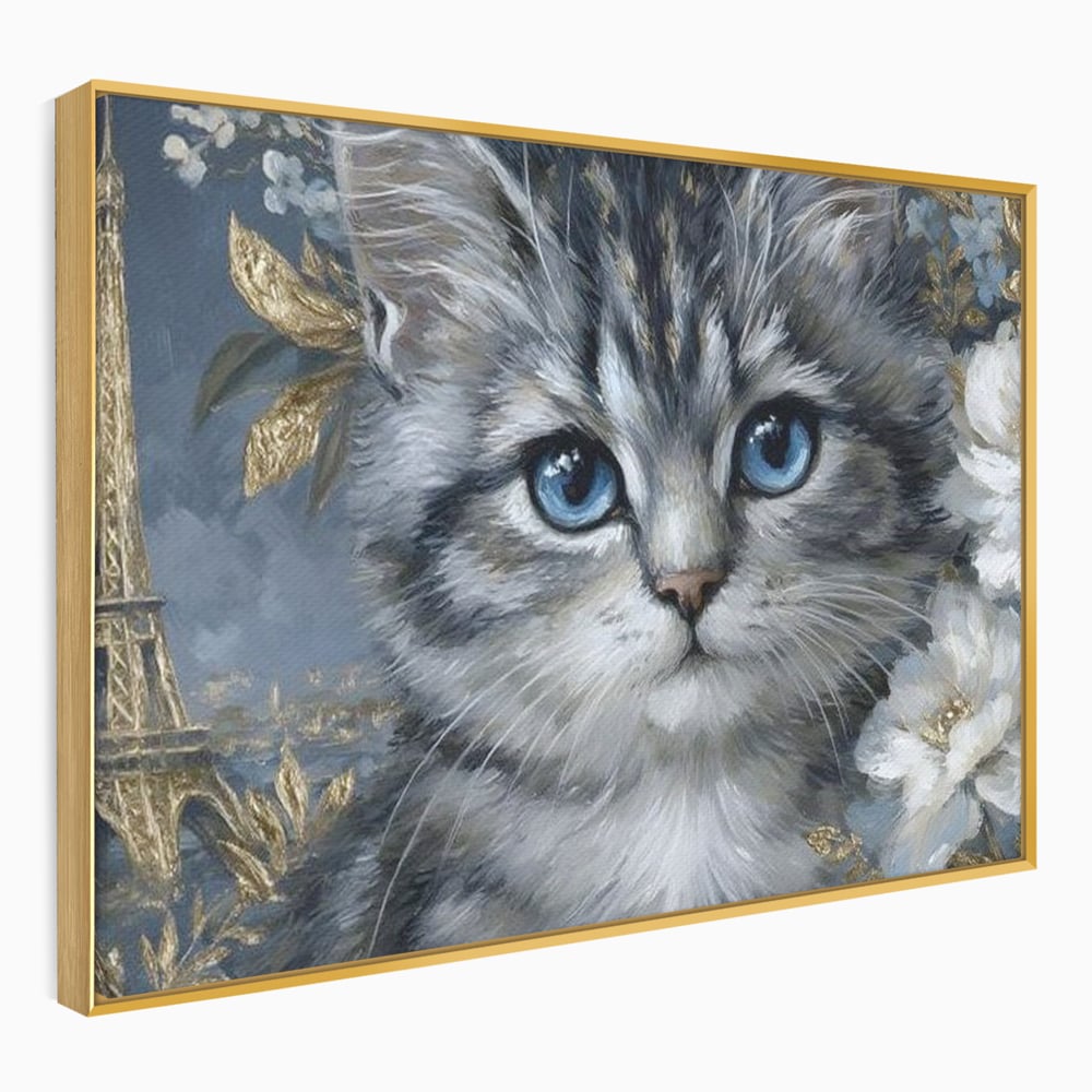 Tablou canvas cu tablou canvas cu pisica si turnul eiffel, in rama de aluminiu auriu